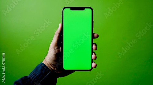 A person holding a phone with green screen on it,.copy space,mockup