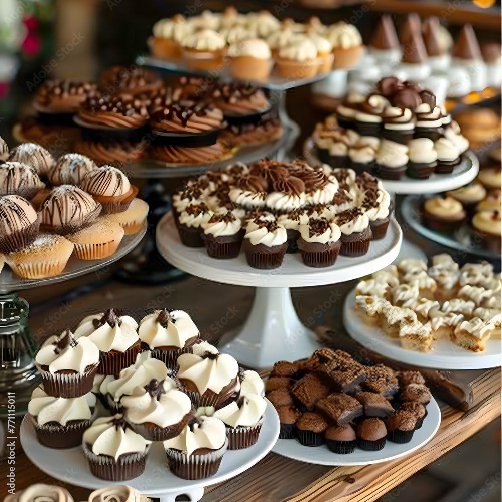 A table showcasing an assortment of baked goods, such as cupcakes and brownies, beautifully plated on dishware. A tempting display for any dessert lover A table showcasing an assortment of baked goods, such as cupcakes and brownies, beautifully plated on dishware. A tempting display for any dessert lover