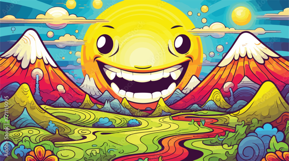 Card with bog smile face and groovy landscape in op