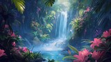Tranquil waterfall oasis surrounded by tropical flora, Concept of nature's serenity, hidden gems, and paradise found
