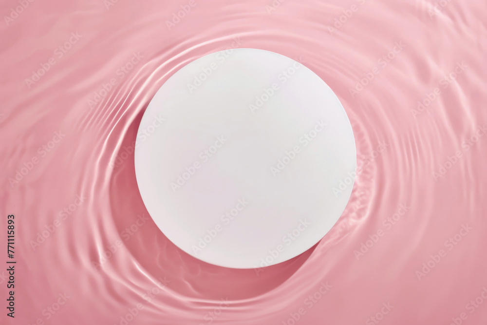 White round pedestal on pink liquid surface with concentric ripples. Perfect for product display with fluid texture background. High quality photo White round pedestal on pink liquid surface with concentric ripples. Perfect for product display with fluid texture background. High quality photo