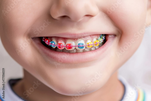 Close-Up View of Child's Smile Showcasing Colorful Orthodontic Braces