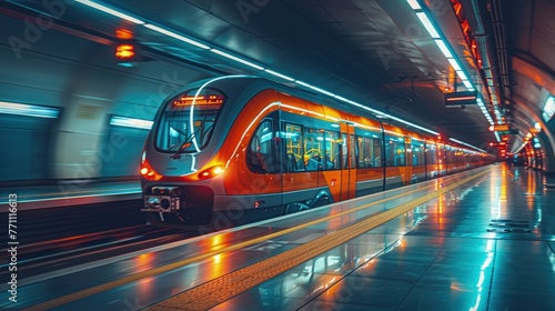 Modern subway train arriving at a station, Concept of urban transportation, speed, and metropolitan lifestyle 