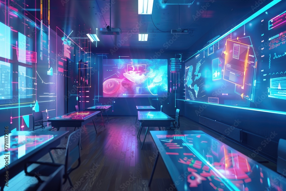 A virtual neon classroom with holographic projections of educational content and interactive learning