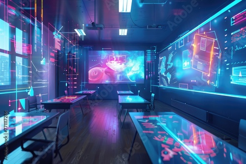 A virtual neon classroom with holographic projections of educational content and interactive learning © AI Farm