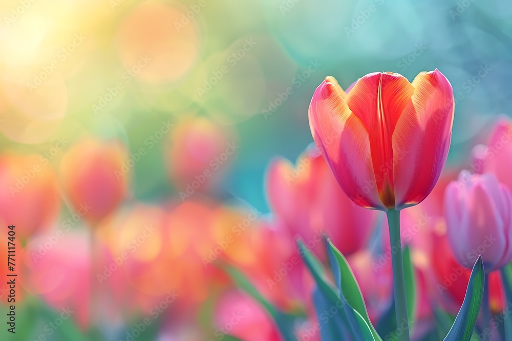 Beautiful tulip flowers with blurred gradient spring nature background image.