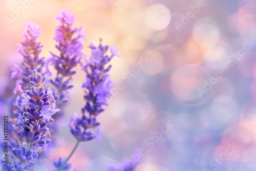 Beautiful purple lavender flowers with blurred gradient spring nature background image.