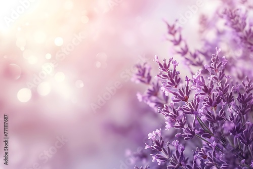 Beautiful purple lavender flowers with blurred gradient spring nature background image.