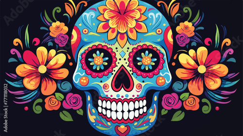 Colorful sugar skull adorned with intricate floral