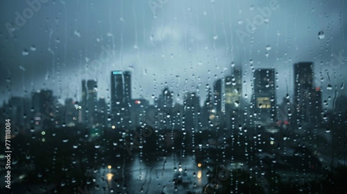 A blurred city skyline obscured by heavy rain and fading into the dark cloudy sky.