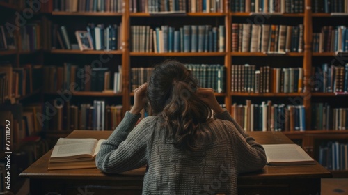 A woman sits at a wooden desk in front of a wall of bookshelves head resting on one hand as reads a thick tome. Though . . photo
