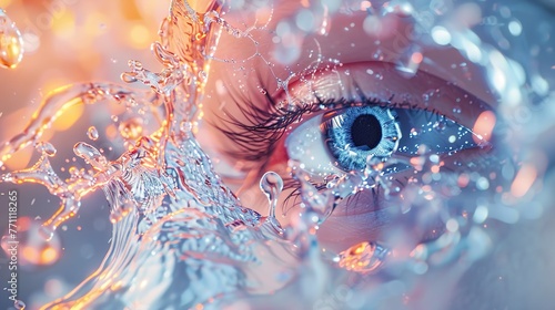 Close-up of a vivid blue eye encapsulated by a dynamic water splash, reflecting clarity and purity