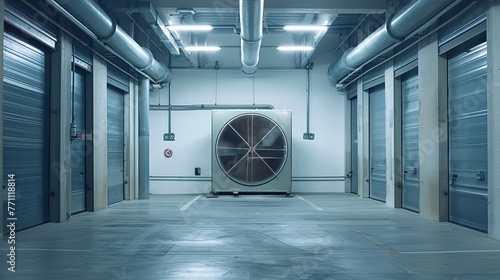 A fan in a contemporary structure parking through the door. ventilation system for parking buildings. blower flow air for factory work in small spaces. Fan heater and cooler for industrial use.