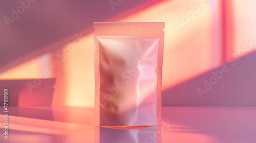 3D rendering of a blank white plastic bag on a pink background with a shiny surface and a glossy texture