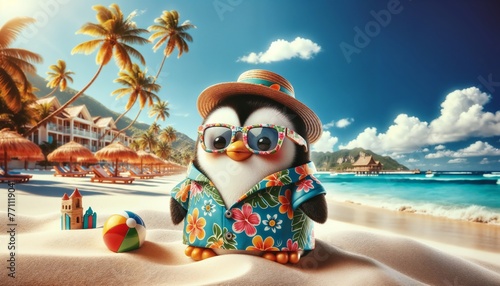 penguin, chibi, kawaii, animal, funny, summer, tropical, beach, zoo, copy space, illustration, chibi photo