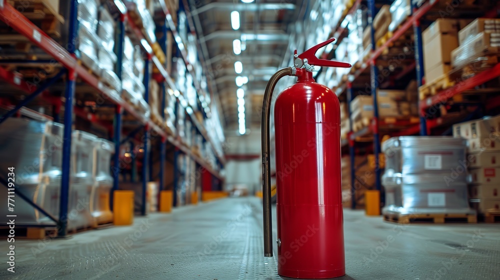 apparatus for fire safety. Inside the warehouse, a large red fire extinguisher. Large fire