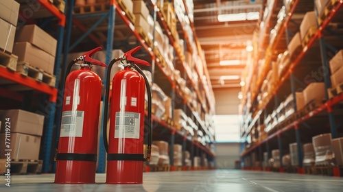 apparatus for fire safety. Inside the warehouse, a large red fire extinguisher. Large fire extinguisher in storage room. Storage shelves with boxes in the distance. Flame-retarding apparatus. photo