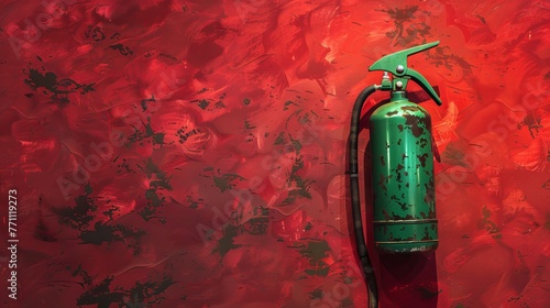 Red background with a green fire extinguisher photo