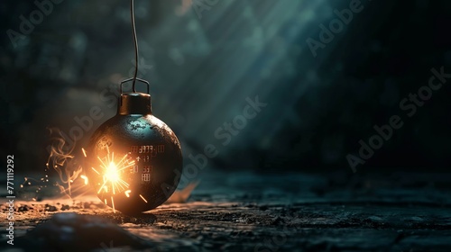 A time bomb image set against a dark background. Conceptual image of a timer counting down to explosion illuminated by a shaft of light shining through the shadows photo