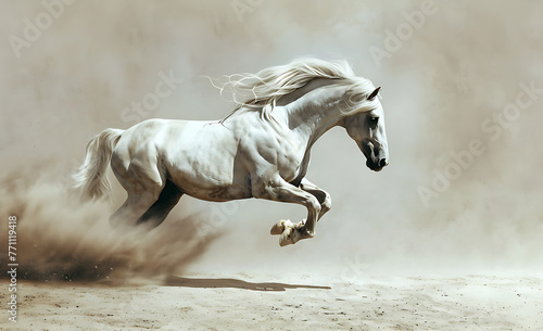 grey horse on the front legs jumping down the sand in f53c3cb6-6503-479d-bb70-f75f9fb3500a 1 photo