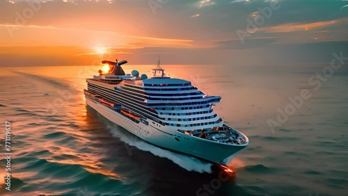 Aerial photo of a luxury cruise ship sailing the sea at sunset. Cruise vacation. photo