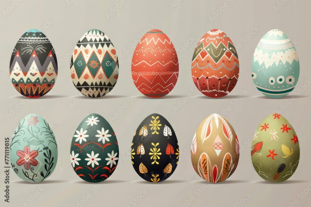 Vibrant illustrations of decorated Easter Eggs in various patterns and designs,