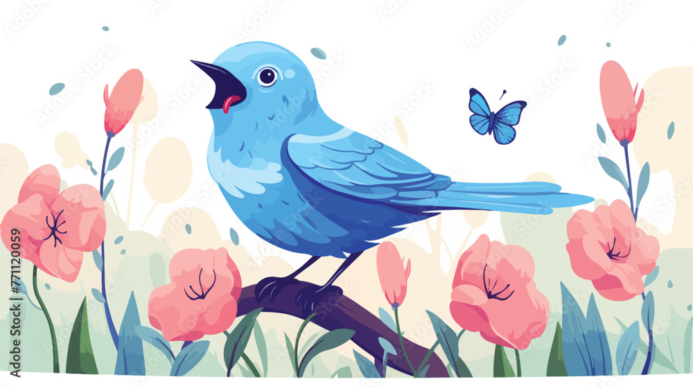 Cute Blue Bird Singing Song and Sitting Near Flower
