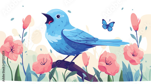 Cute Blue Bird Singing Song and Sitting Near Flower © iclute