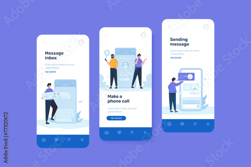 People communicate using a phone illustration on mobile UI kit template