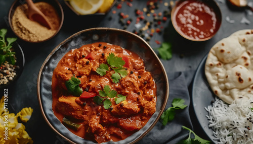 Rich and Flavorful Chicken Tikka Masala Served in a Traditional Clay Bowl, Accompanied by Basmati Rice and Naan Bread, Perfect for a Delicious Indian Cuisine Experience