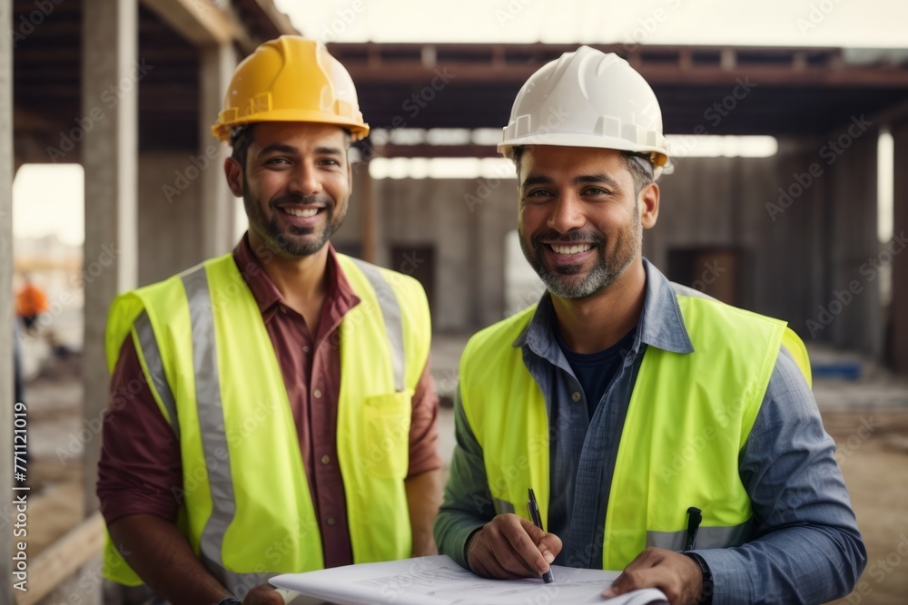 Fototapeta premium Male construction manager oversees architecture at construction building site
