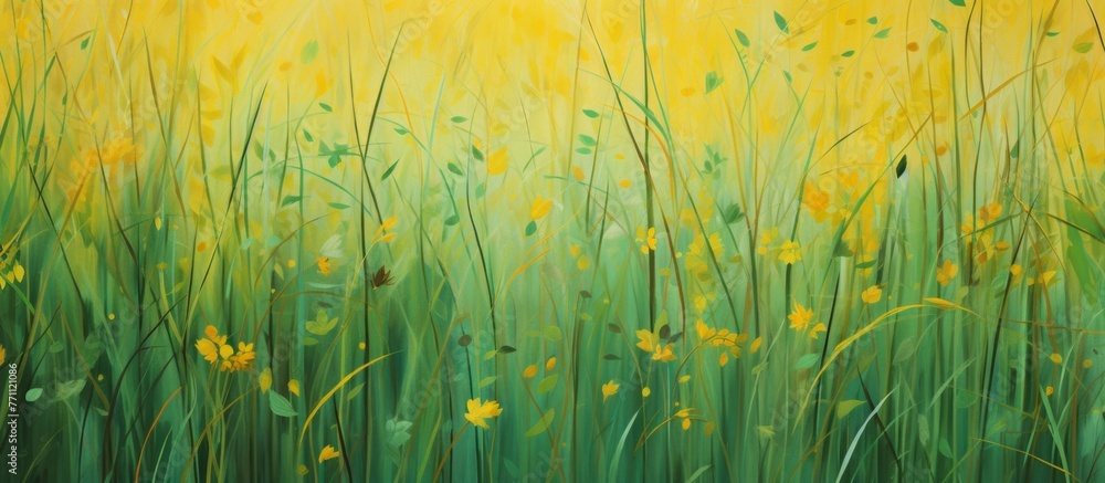 A beautiful painting depicting a meadow filled with tall grass and yellow flowers, capturing the essence of a natural landscape with people in nature
