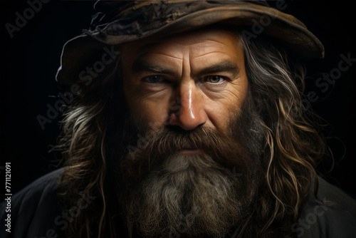Close-up portrait of a pirate in a hat, cinematic style emotional portrait