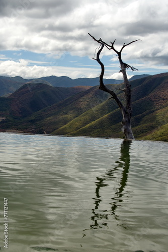 Tree on the edge of a mineral pool at the edge of a plateau, surrounded by mountains, at Hierve el Agua in Oaxaca, Mexico © Angela