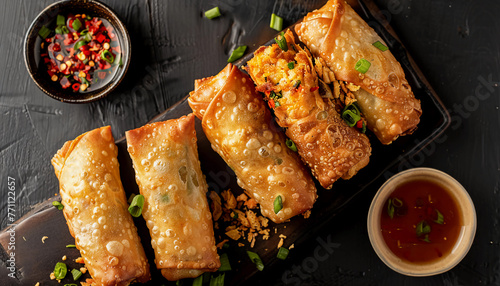 Crispy Egg Rolls Filled with Savory Vegetables and Meat, Served with Sweet and Sour Sauce on the Side, Perfect for a Delicious Appetizer or Snack