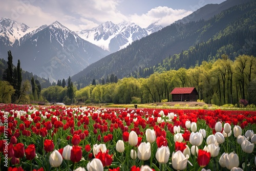 Landscape view of tulips in the mountains #771122807