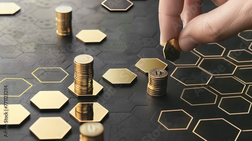 Title: "Hexagonal Wealth"
Art Description: This artwork showcases a hand placing coins on hexagons, symbolizing various aspects of finance and wealth creation. Set against an elegant black 