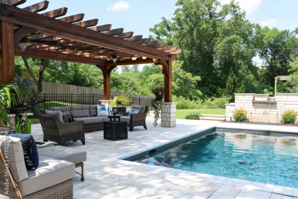 Luxurious backyard with pool and lounge area under pergola.