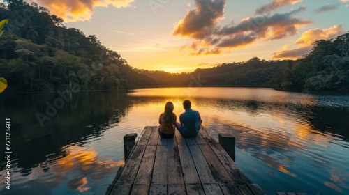 A couple sits side by side on a wooden pier backs to the camera watching the sunset over a calm lake surrounded by lush green . . photo