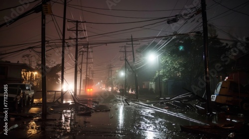 Sparkling lights from electricity poles and street lamps are the only sources of light in the darkness highlighting the dramatic and destructive nature of the storm.