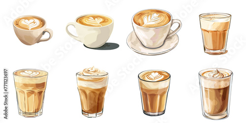 Latte coffee transparent water color sample mockup isolated png with no background.