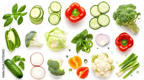 Set of slices of vegetables isolated on white background top view, design for vegetable menu. Tomat, green onion, cucumber sweet pepper zucchini Peking cabbage cauliflower radish basil.