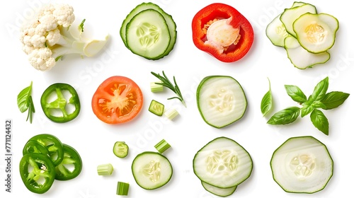 Set of slices of vegetables isolated on white background top view, design for vegetable menu. Tomat, green onion, cucumber sweet pepper zucchini Peking cabbage cauliflower radish basil.
