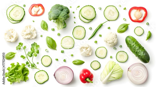 Set of slices of vegetables isolated on white background top view, design for vegetable menu. Tomat, green onion, cucumber sweet pepper zucchini Peking cabbage cauliflower radish basil. photo