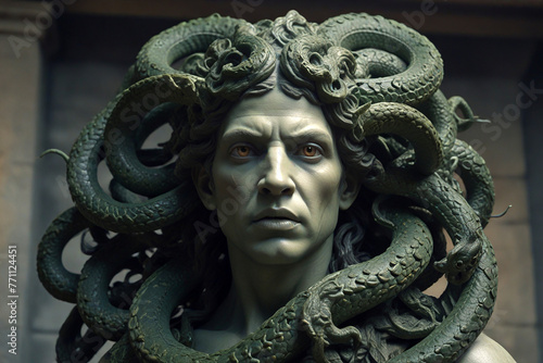 a terrifying gorgon with snakes for hair, turning anyone who meets its gaze into stone, and the brave hero who must face it