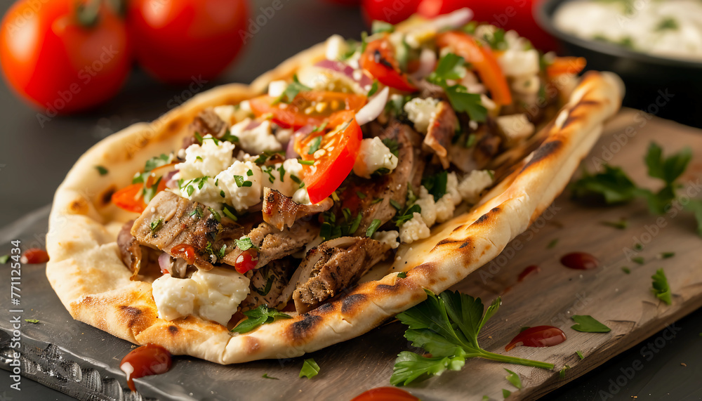 Delicious Gyro Pita Stuffed with Grilled Meat, Fresh Tomatoes, Onions, and Tzatziki Sauce, Wrapped in a Soft Pita Bread, Perfect for a Flavorful Mediterranean Meal Delicious Gyro Pita Stuffed with Grilled Meat, Fresh Tomatoes, Onions, and Tzatziki Sauce, Wrapped in a Soft Pita Bread, Perfect for a Flavorful Mediterranean Meal