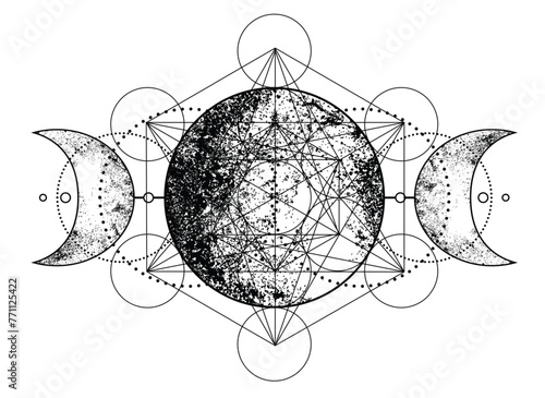 Metatron Cube. Moon pagan Wicca moon goddess symbol. Three-faced Goddess, Maiden, Mother, Crone isolated vector illustration. Tattoo, astrology, alchemy, boho and magic symbol. Coloring book..