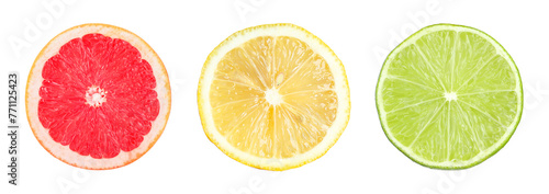 Citrus fruits. Cut fresh lemon, grapefruit and lime isolated on white, set
