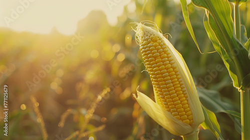 Close up of a yellow ear of corn in a field