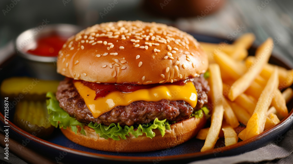 Burger with cheese and ketchup on a plate with french fries Burger with cheese and ketchup on a plate with french fries